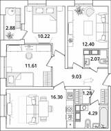 ЖК «БелАрт», планировка 3-комнатной квартиры, 68.64 м²