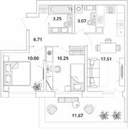 ЖК «БелАрт», планировка 2-комнатной квартиры, 54.33 м²