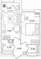 ЖК «БелАрт», планировка 1-комнатной квартиры, 37.31 м²