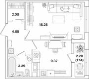 ЖК «Академик», планировка 1-комнатной квартиры, 35.88 м²