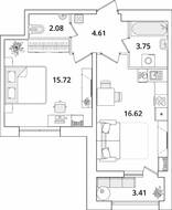 ЖК «БелАрт», планировка 1-комнатной квартиры, 44.49 м²