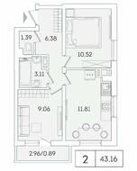 ЖК «Lampo», планировка 2-комнатной квартиры, 43.16 м²