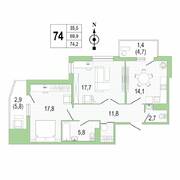 ЖК «Lotos Club», планировка 2-комнатной квартиры, 74.20 м²