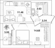 ЖК «БелАрт», планировка 1-комнатной квартиры, 34.41 м²