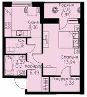 ЖК «ID Кудрово», планировка 1-комнатной квартиры, 39.41 м²