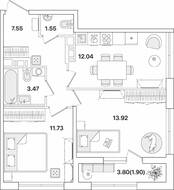 ЖК «Академик», планировка 2-комнатной квартиры, 52.16 м²
