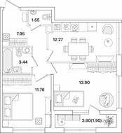 ЖК «Академик», планировка 2-комнатной квартиры, 52.77 м²