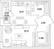 ЖК «Академик», планировка 1-комнатной квартиры, 33.51 м²
