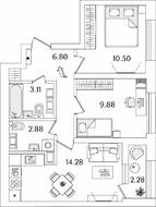 ЖК «БелАрт», планировка 2-комнатной квартиры, 48.59 м²