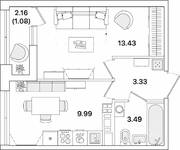 ЖК «Академик», планировка 1-комнатной квартиры, 31.32 м²
