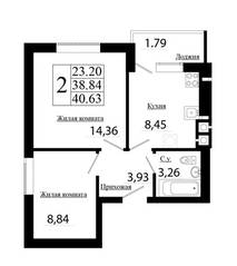 ЖК «Лето», планировка 2-комнатной квартиры, 38.84 м²