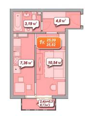 ЖК «Новое Голубево», планировка 1-комнатной квартиры, 25.80 м²
