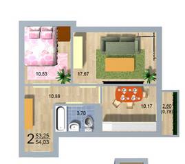 ЖК «Дом на Липовой аллее», планировка 2-комнатной квартиры, 53.25 м²