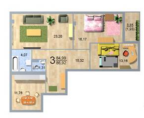 ЖК «Дом на Липовой аллее», планировка 3-комнатной квартиры, 84.99 м²