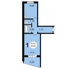 ЖК «Чистая Слобода», планировка 1-комнатной квартиры, 42.22 м²
