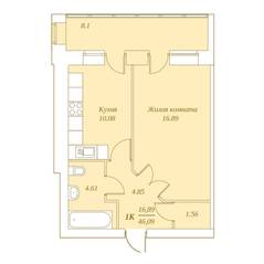 МЖК «Кантри», планировка 1-комнатной квартиры, 46.09 м²