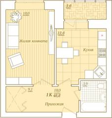 ЖК «Новый Город», планировка 1-комнатной квартиры, 46.80 м²