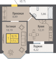 ЖК «Кранц-Парк», планировка 1-комнатной квартиры, 49.47 м²