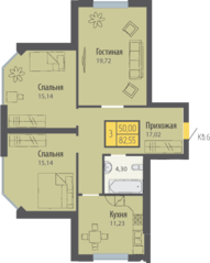 ЖК «Кранц-Парк», планировка 3-комнатной квартиры, 82.55 м²