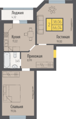 ЖК «Кранц-Парк», планировка 2-комнатной квартиры, 66.04 м²