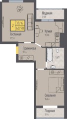 ЖК «Кранц-Парк», планировка 2-комнатной квартиры, 68.90 м²