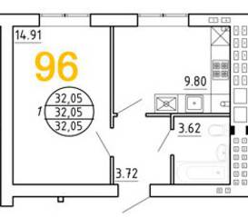 ЖК «Янтарный дом 2», планировка 1-комнатной квартиры, 32.05 м²