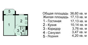 ЖК «Белорусский квартал» (Балабаново), планировка 1-комнатной квартиры, 36.60 м²
