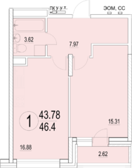 ЖК «Солнечная долина», планировка 1-комнатной квартиры, 46.40 м²