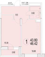 ЖК «Солнечная долина», планировка 1-комнатной квартиры, 46.42 м²