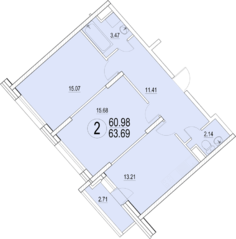 ЖК «Солнечная долина», планировка 2-комнатной квартиры, 63.69 м²
