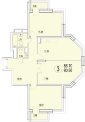 ЖК «Солнечная долина», планировка 3-комнатной квартиры, 90.86 м²