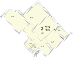 ЖК «Солнечная долина», планировка 3-комнатной квартиры, 78.56 м²