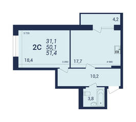 ЖК «Nova-дом», планировка 2-комнатной квартиры, 51.40 м²