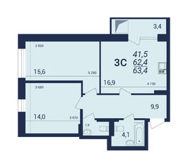 ЖК «Nova-дом», планировка 3-комнатной квартиры, 63.40 м²