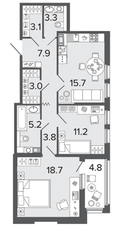 ЖК «Созидатели», планировка 2-комнатной квартиры, 71.90 м²
