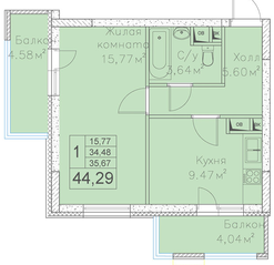 МЖК «на Микояна, 54-57», планировка 1-комнатной квартиры, 44.29 м²