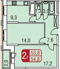 ЖК «Центральный» (Одинцово), планировка 2-комнатной квартиры, 54.80 м²