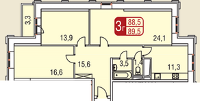 ЖК «Центральный» (Одинцово), планировка 3-комнатной квартиры, 89.50 м²