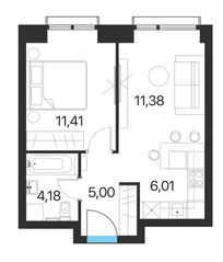 ЖК «Соседи 21/19», планировка 2-комнатной квартиры, 37.98 м²