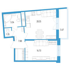ЖК «Колумб», планировка 1-комнатной квартиры, 51.11 м²