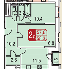 ЖК «Центральный» (Одинцово), планировка 2-комнатной квартиры, 58.30 м²