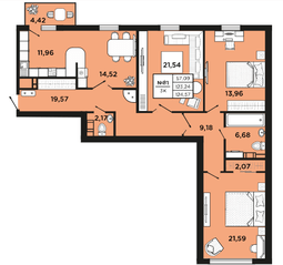 ЖК «Новый Невский», планировка 3-комнатной квартиры, 124.57 м²