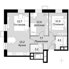 Апарт-отель «Движение. Тушино», планировка 3-комнатной квартиры, 69.10 м²