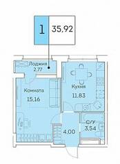 ЖК «Аквилон Beside», планировка 1-комнатной квартиры, 35.92 м²