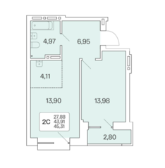 ЖК «Расцветай на Красном», планировка 2-комнатной квартиры, 45.00 м²
