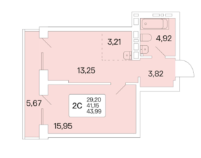ЖК «Расцветай на Красном», планировка 2-комнатной квартиры, 44.00 м²