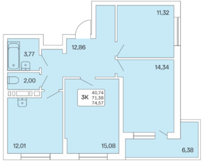 ЖК «Расцветай на Обской», планировка 3-комнатной квартиры, 74.50 м²