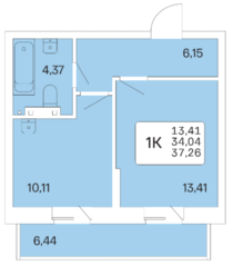 ЖК «Расцветай на Гоголя», планировка 1-комнатной квартиры, 37.20 м²