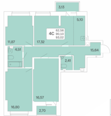 ЖК «Расцветай на Гоголя», планировка 4-комнатной квартиры, 93.02 м²
