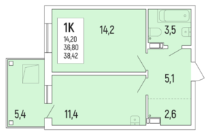 ЖК «Акация на Ватутина», планировка 1-комнатной квартиры, 38.40 м²